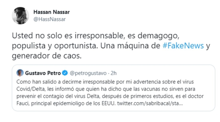 hassan nassar a petro: máquina de noticias falsas por trino sobre vacunas y variante Delta