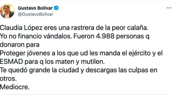 Claudia López, eres rastrera de la peor calaña: Gustavo Bolívar