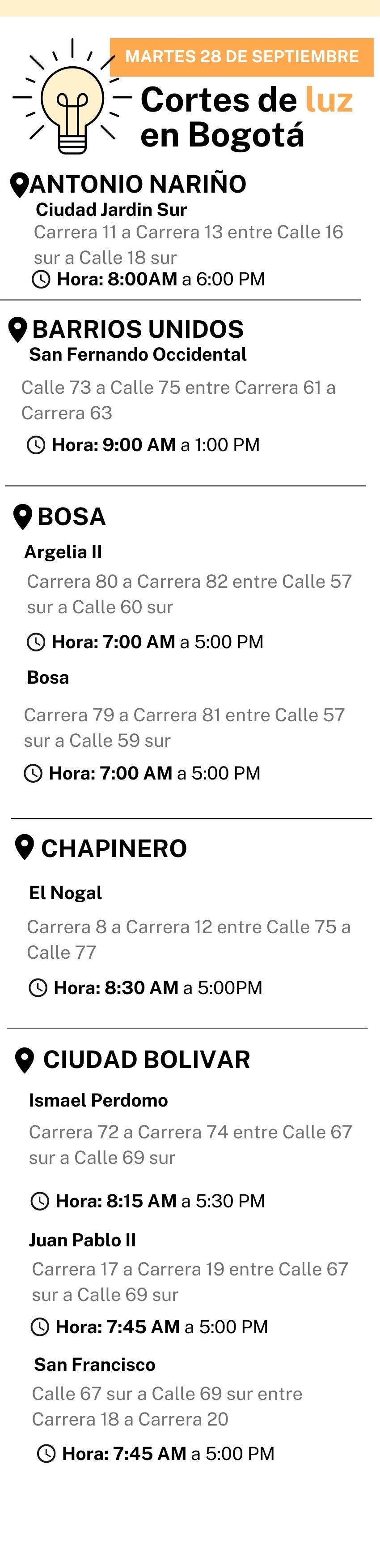 Cortes de luz 28 de septiembre