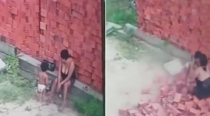 Mamá recibe la caída de un muro para salvar a su bebé