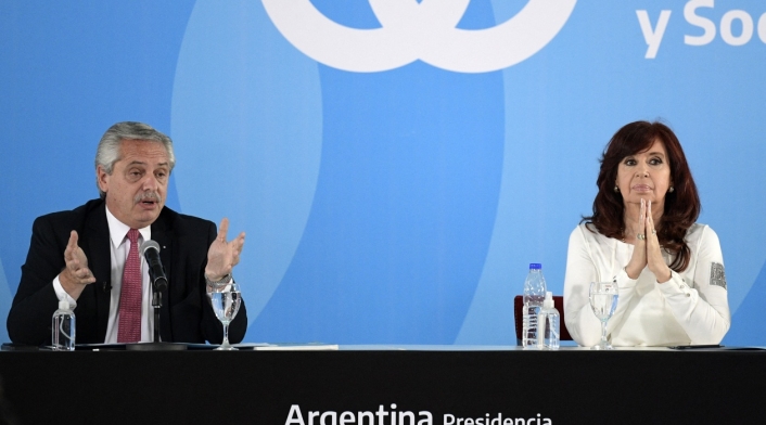 Alberto Fernández y Cristina Fernández de Kirchner en conferencia desde la Casa Rosada