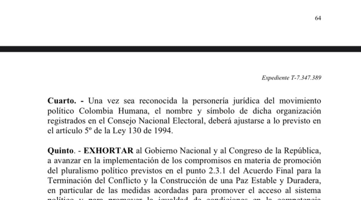 PERSONERÍA JURÍDICA DE LA COLOMBIA HUMANA