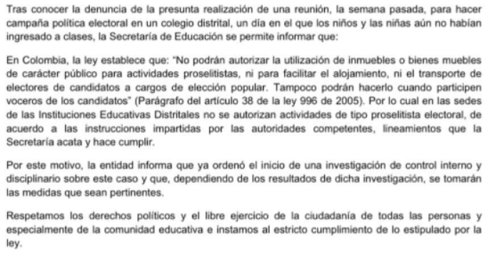 Comunicado Secretaría de Educación por reunión de campaña política en colegio distrital