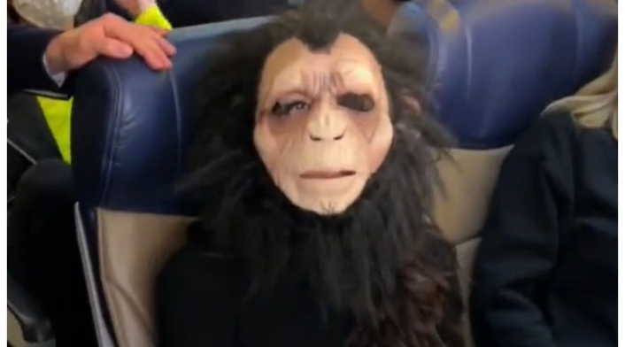 Mujer con máscara de mono en avión Mujer con máscara de mono en avión