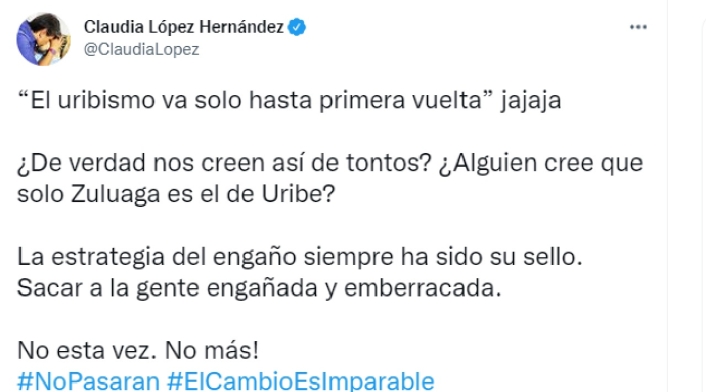 Trino de Claudia López sobre Óscar Iván Zuluaga