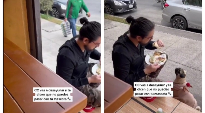 hombre y perro afuera de un restaurante