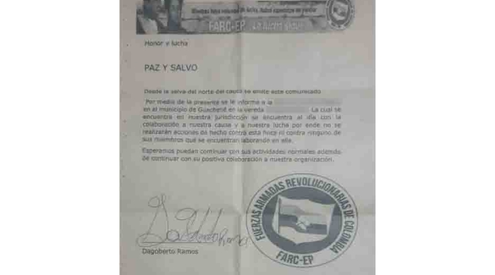 Disidencias de Farc dan recibos de ‘paz y salvo’ a sus víctimas de extorsión