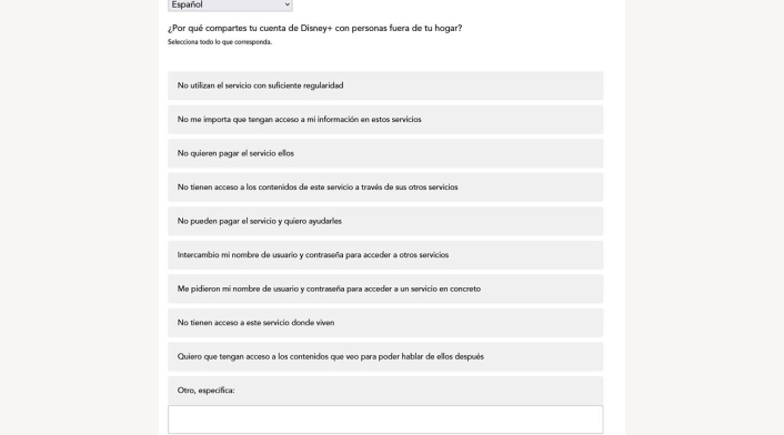 Supuesta encuesta de Disney+ para usuarios que comparten su cuenta Supuesta encuesta de Disney+ para usuarios