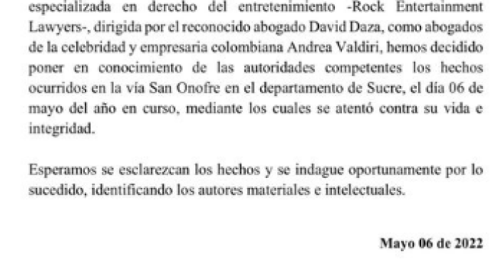 Comunicado de Andrea Valdiri sobre ataque del que fue víctima