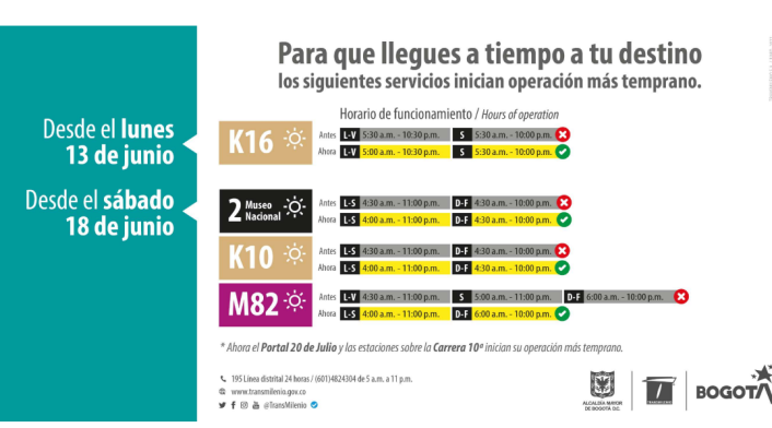 Cambios en horario de rutas de TransMilenio
