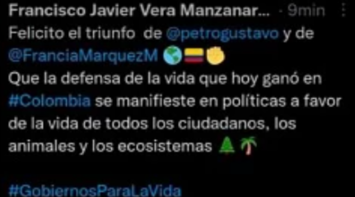 Tuit de Francisco Vera felicitando a Gustavo Petro