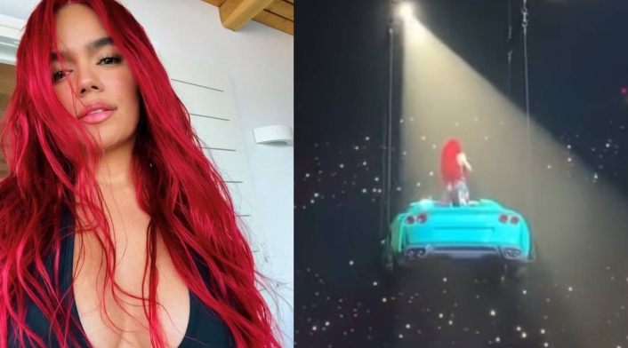 Karol G vuela en un ferrari azul en pleno concierto Karol G vuela en un ferrari azul en pleno concierto