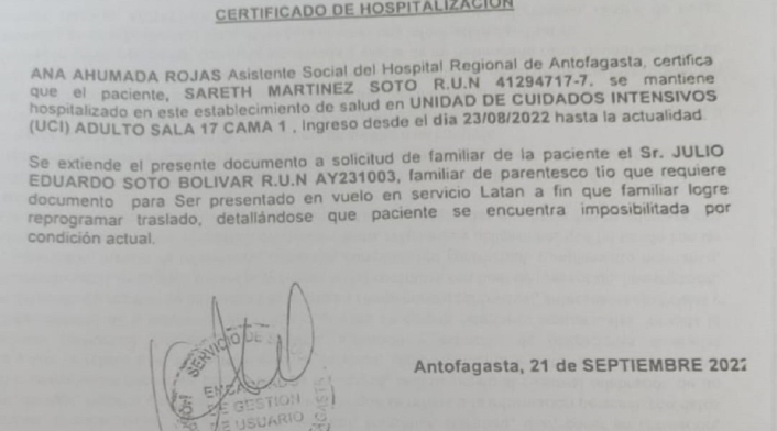 Certificado de salud de colombianas accidentadas en Chile.