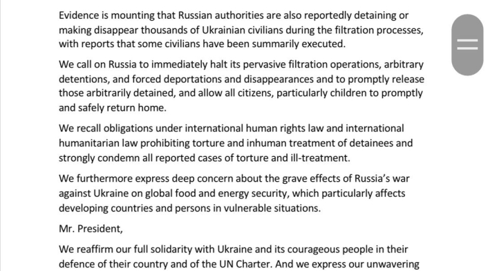 Carta de 46 países, incluida Colombia, condenando invasión de Rusia a Ucrania.