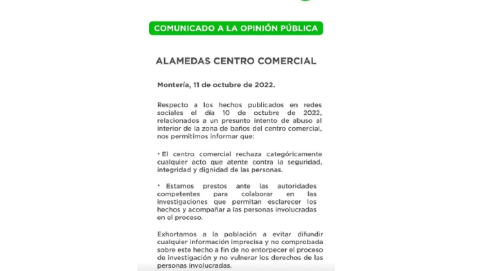 Comunicado del centro comercial ante la denuncia