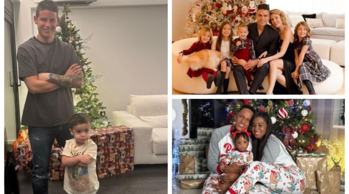 jugadores de la selección Colombia celebrando navidad Falcao, James t Mina celebrando la Navidad