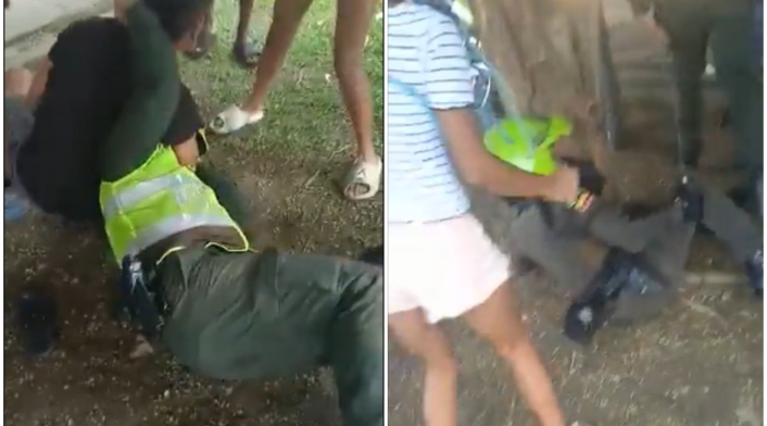 Policías fueron golpeados y arrastrados por jóvenes por hacerles una requisa