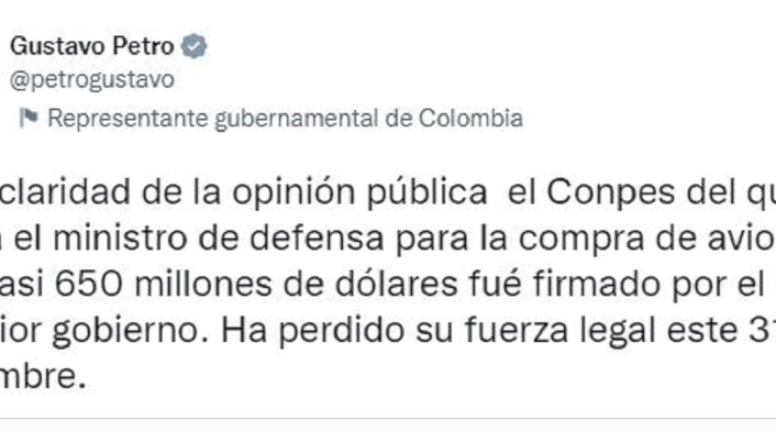 Trino del presidente Gustavo Petro sobre caída en compra de aviones