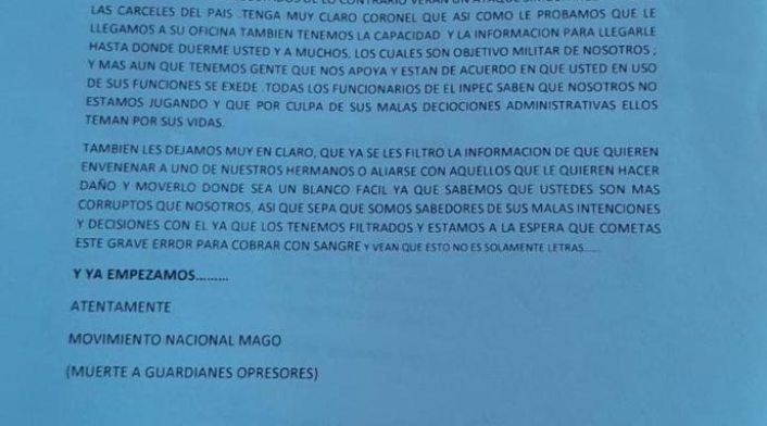 Panfleto amenaza Inpec