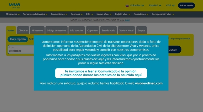 Página de Viva Air Colombia Página de Viva Air Colombia