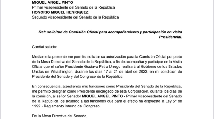 Carta oficial de la visita de Roy Barreras a Estados Unidos