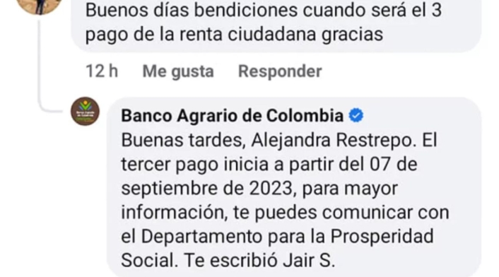 Respuesta del Banco agrario de pago de Renta Ciudadana