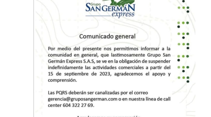 Grupo San German Express SAS suspendió indefinidamente sus operaciones