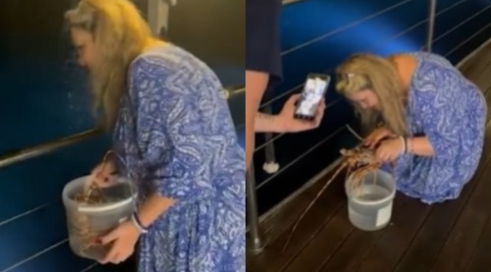 Mujer devuelve una langosta al mar Mujer devuelve una langosta al mar
