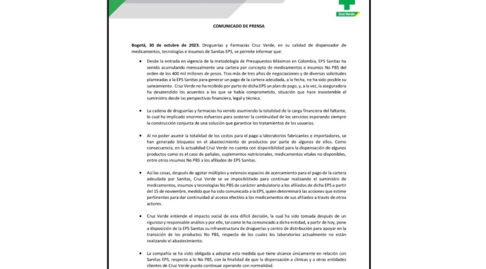 Comunicado de Cruz Verde