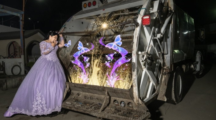 Quinceañera posó junto a camión de basura Quinceañera posó junto a camión de basura