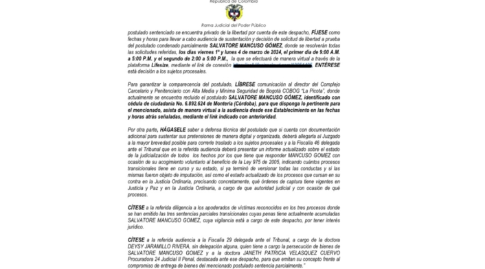 Citación audiencia de petición de libertad de Mancuso Citación audiencia de petición de libertad de Mancuso