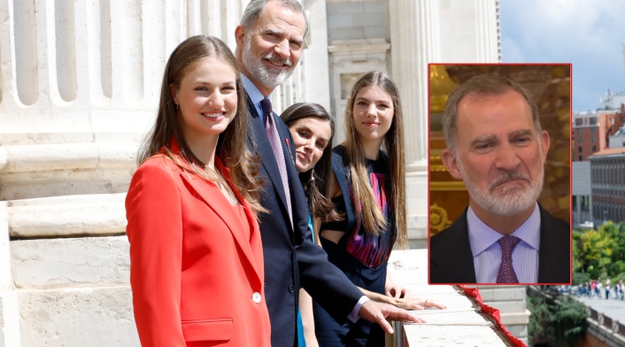 La familia real española celebran 10 años en el trono. La princesa Leonor y la infanta Sofía presiden la mesa en la celebración del reinado de su padre Felipe IV