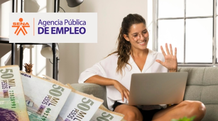 Ofertas de empleo en el SENA en teletrabajo Persona trabajando desde casa y billetes