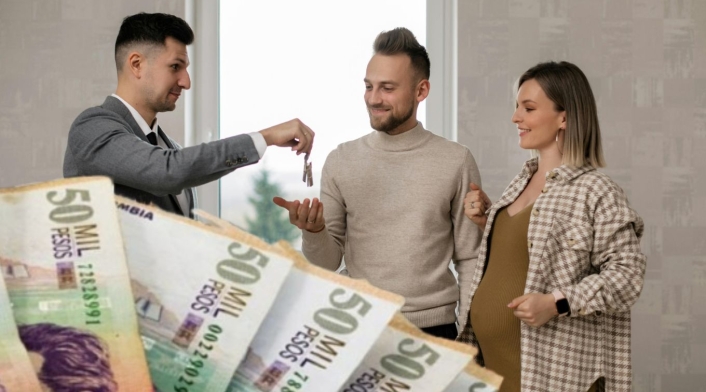 Subsidios para comprar vivienda en Colombia 2034 Una familia comprando una casa y billetes