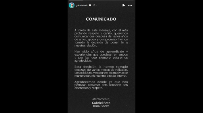 Gabriel Soto e Irina Baeva comunicado de prensa sobre su separación Gabriel Soto e Irina Baeva comunicado de prensa