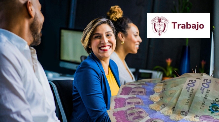 Ofertas de empleo en el Ministerio de Trabajo Persona feliz, billetes y el logo de MinTrabajo