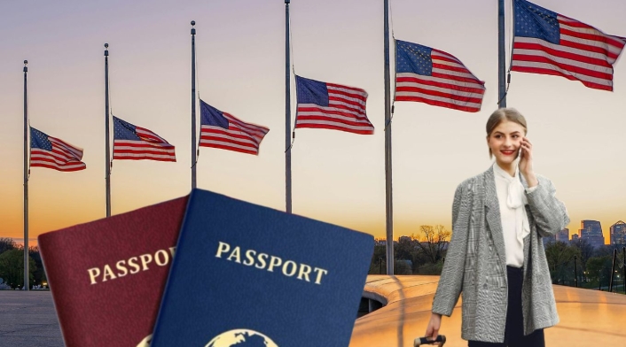 Nuevo requisito para entrar a estados unidos Pasaporte de Estados unidos y una mujer con maletas
