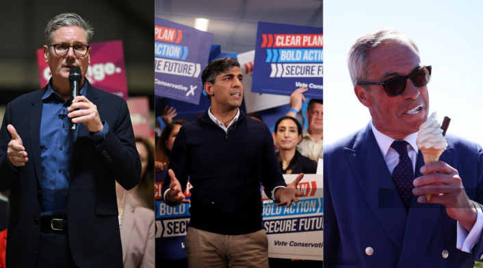 Keir Starmer, Rishi Sunak y Nigel Farage