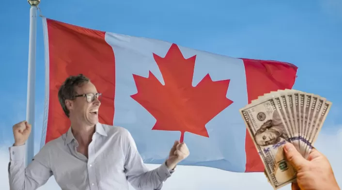 Empleo en Canadá para Colombianos Bandera de Canadá, hombre celebrando y dólares