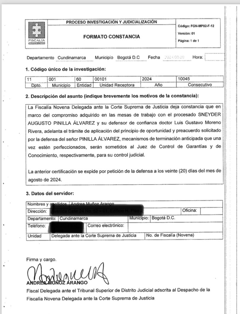 Constancia de la Fiscalía sobre trámite de negociación con Sneyder Pinilla 