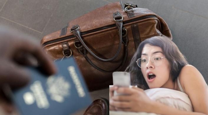 Seguro de viaje para colombianos Una maleta, un pasaporte y una persona sorprendida