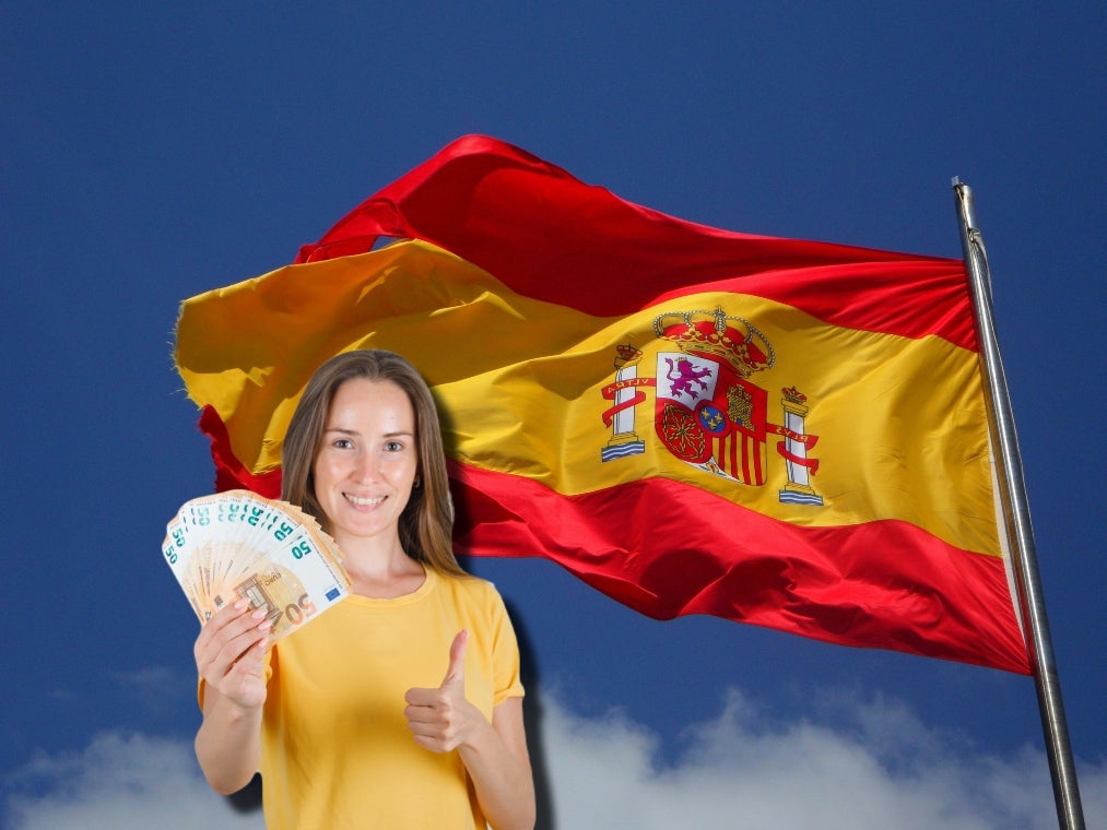 Trabajo en España para colombianos Bandera de España y una mujer con euros