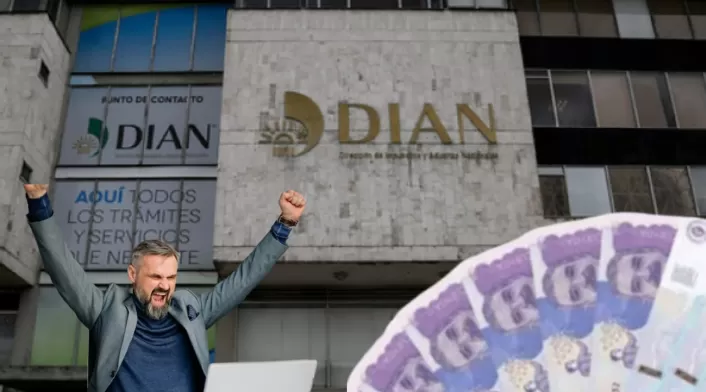 Declaración de renta DIAN , billetes y un hombre celebrando