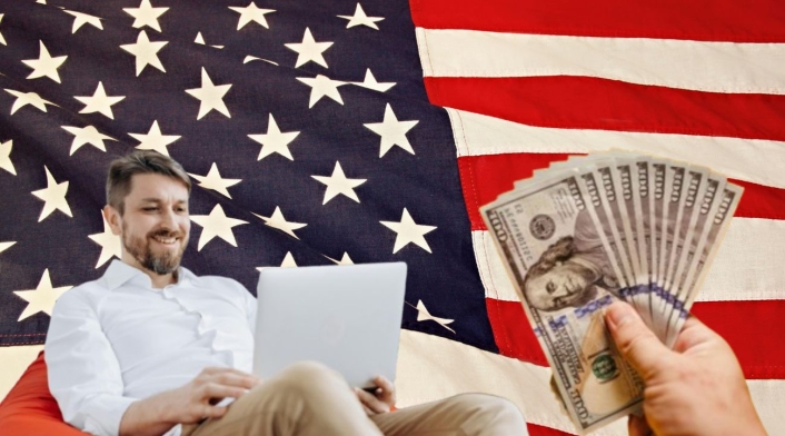 Empresas en Estados Unidos buscan personas que hablen Español Bandera de Estados Unidos, persona con computador y dólares