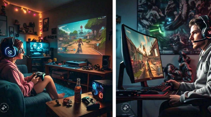 Gamers con monitor y proyector Gamers con monitor y proyector