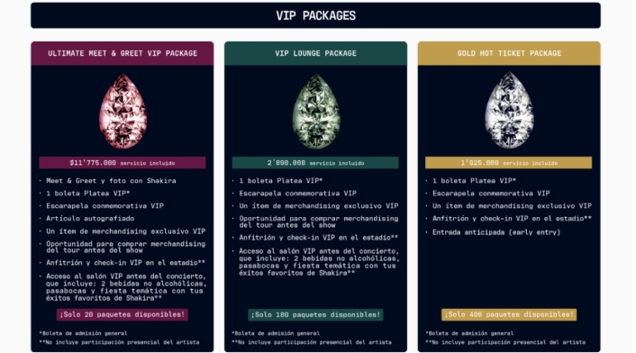 Paquetes VIP Shakira Paquetes VIP Shakira