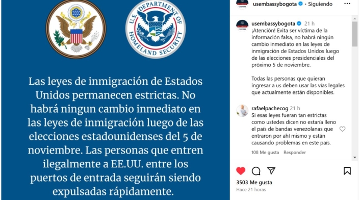 Embajada de EEUU en Colombia advertencia migración elecciones 5 de noiembre Embajada de EEUU en Colombia advertencia migración elecciones 5 de noiembre