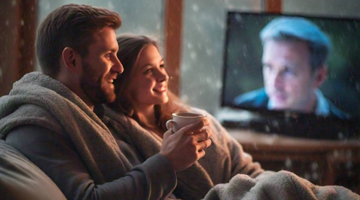 Pareja viendo televisión mientras llueve Pareja viendo televisión