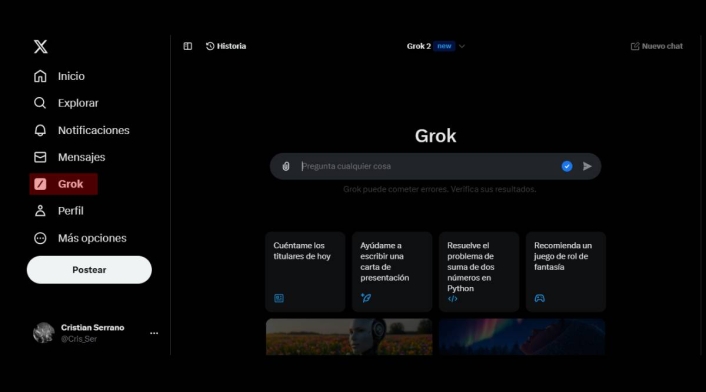 Menú de X donde aparece Grok Menú de X donde aparece Grok