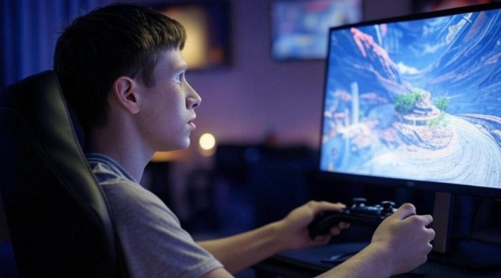 Joven jugando videojuegos hiperrealistas Videojuegos hiperrealistas